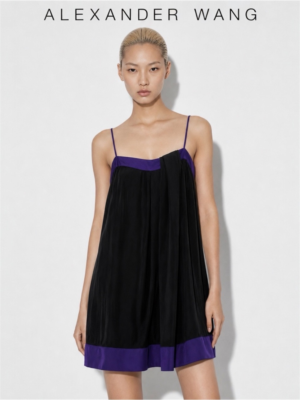 Alexander Wang Black Purple Silk Spaghetti Strap Mini Dress Size 4